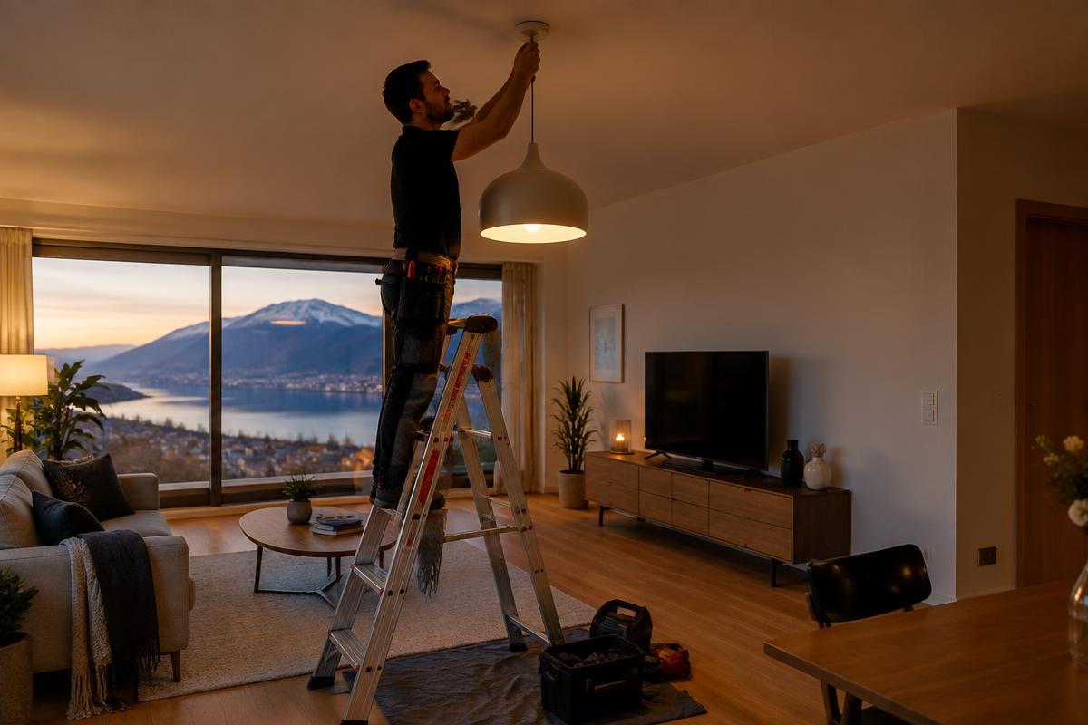 Elektriker montiert Pendelleuchte im Wohnzimmer