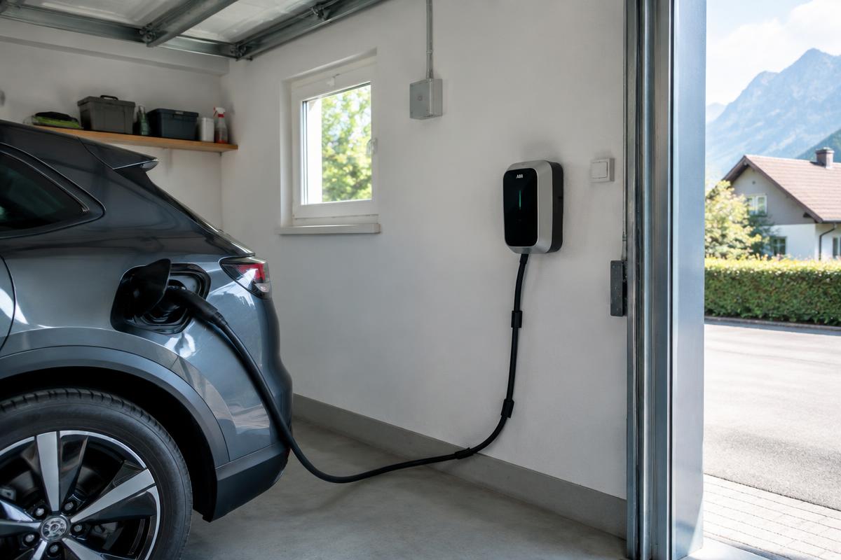 Wallbox in einer Garage mit angeschlossenem Elektroauto