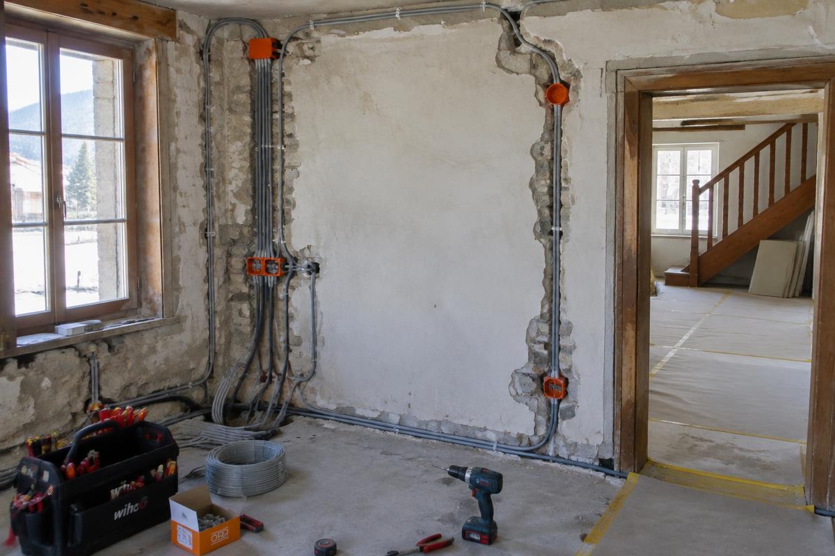 Neu verlegte Elektroleitungen in einer Altbau-Renovation